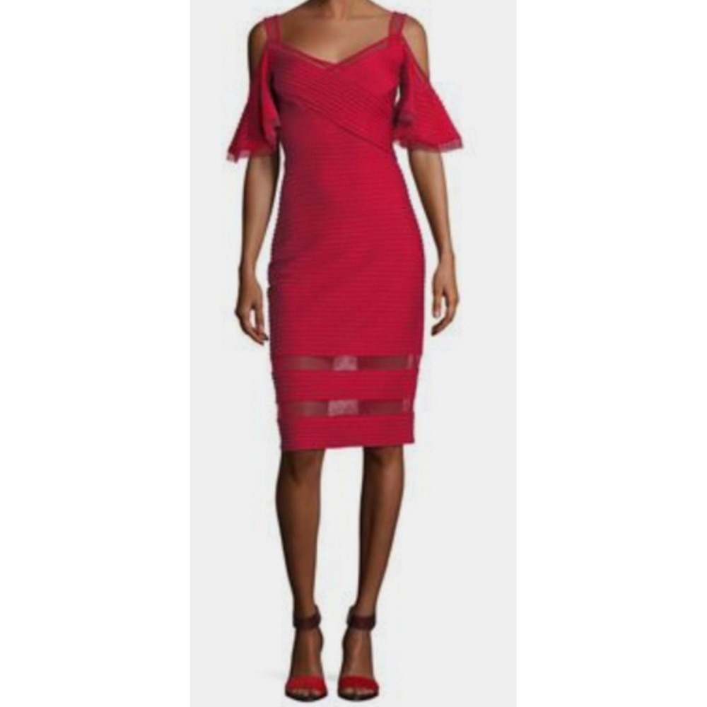 Tadashi Shoji Red Cold Shoulder‎ Pintuck Mesh Cocktail Dress 6L18103M Large